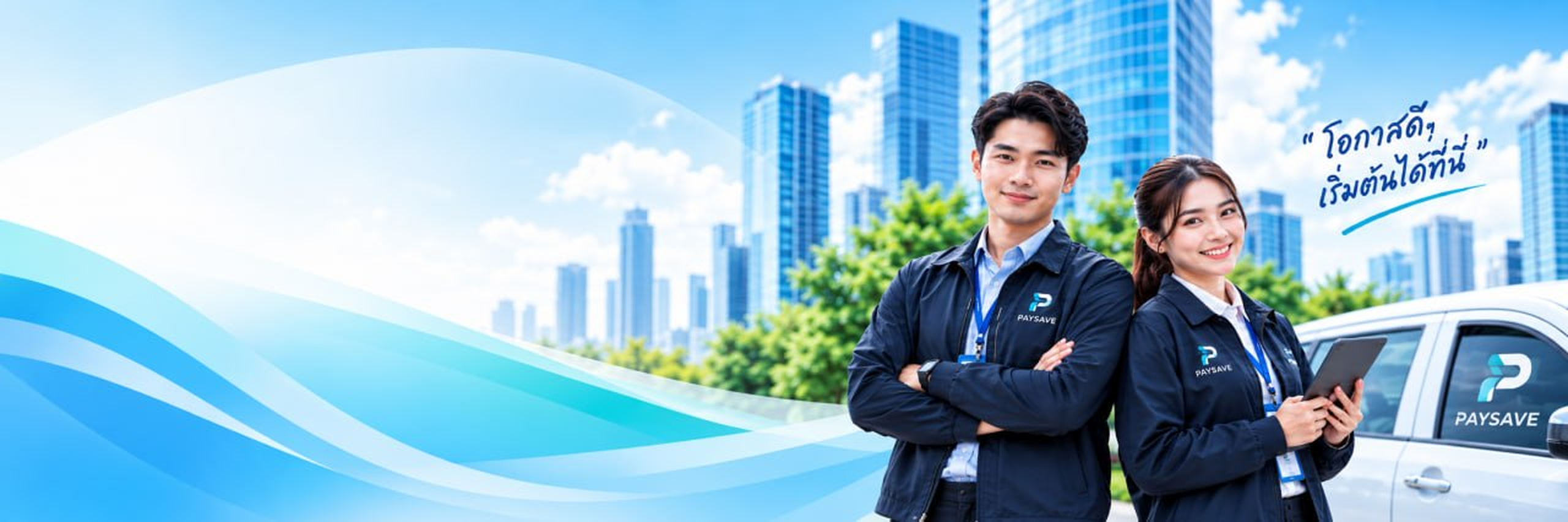 ทีมงาน PAYSAVE ชายและหญิง พร้อมข้อความ โอกาสดี ๆ เริ่มต้นได้ที่นี่